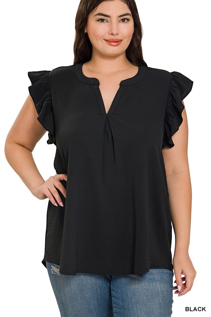 PLUS WOVEN AIRFLOW RUFFLED SLEEVE HIGH-LOW TOP, Size: 1X, Colour: Black