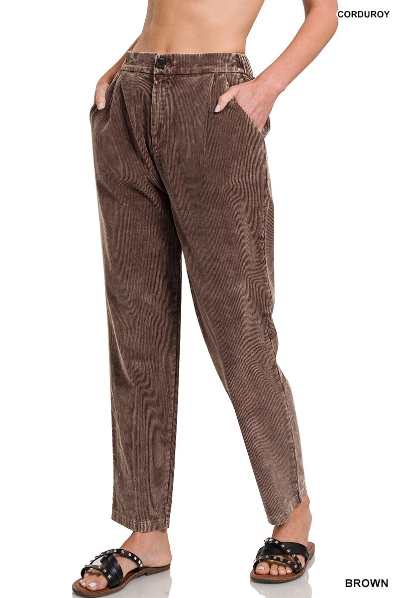 MINERAL WASH CORDUROY PLEATED PANTS, Size: Small, Colour: Brown