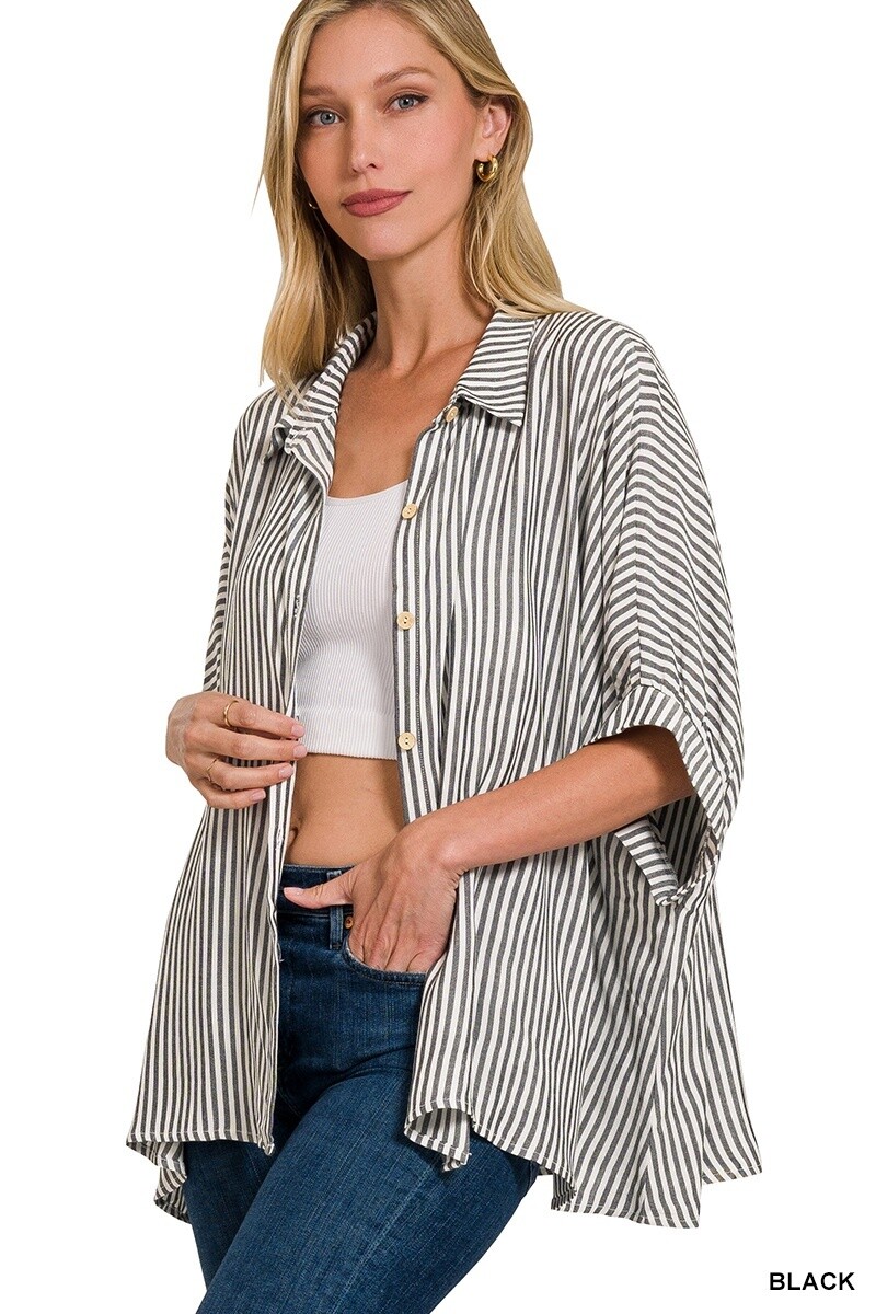 RAYON STRIPED SHORT SLEEVE BUTTON UP SHIRT, Size: S/M, Colour: Black