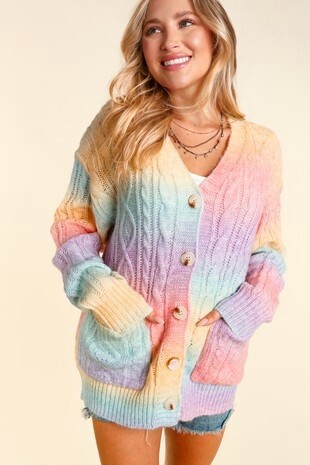 PLUS RAINBOW OMBRE BUTTON DOWN SWEATER WITH POCKET, Size: 1X