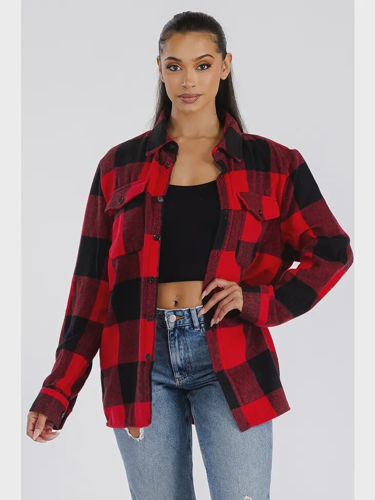 Boyfriend Oversized Soft Flannel Shacket, Size: Small, Colour: Red/Black