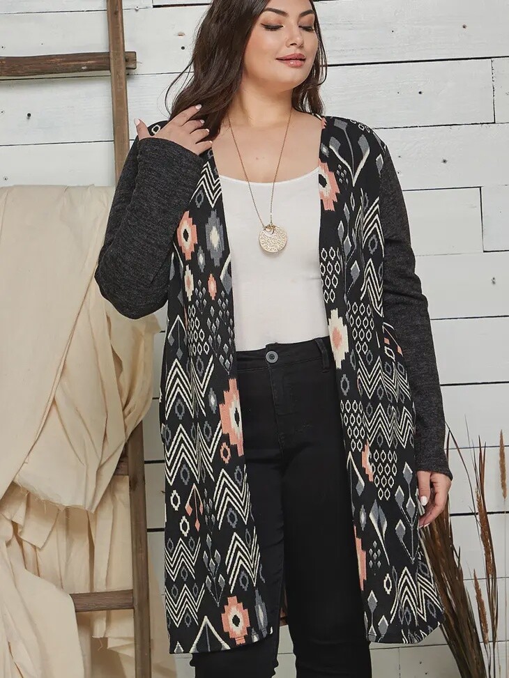 Plus Contrast Aztec Cardigan, Size: 1X, Colour: Grey
