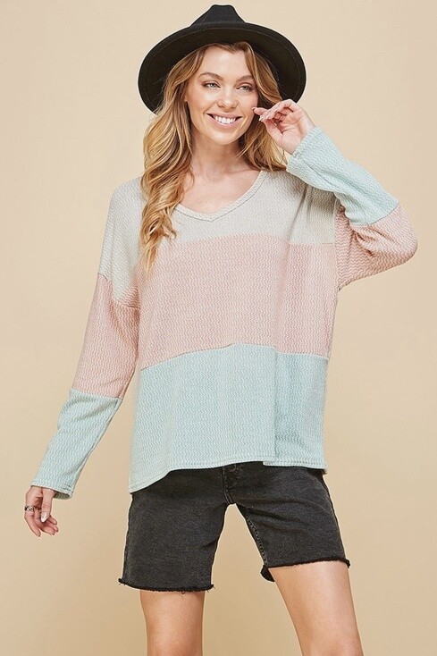 Color Block V Neck Top, Size: Small, Colour: Taupe/Peach/Mint