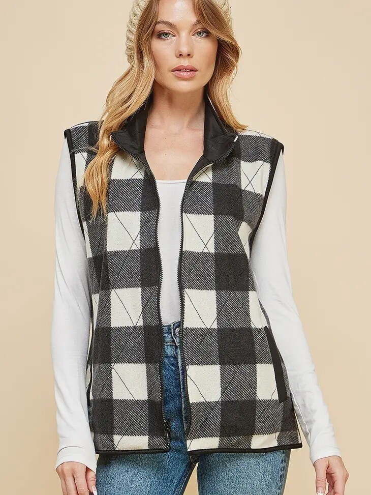 Reversible Plaid Zip Up Vest, Size: Small, Colour: Black/White