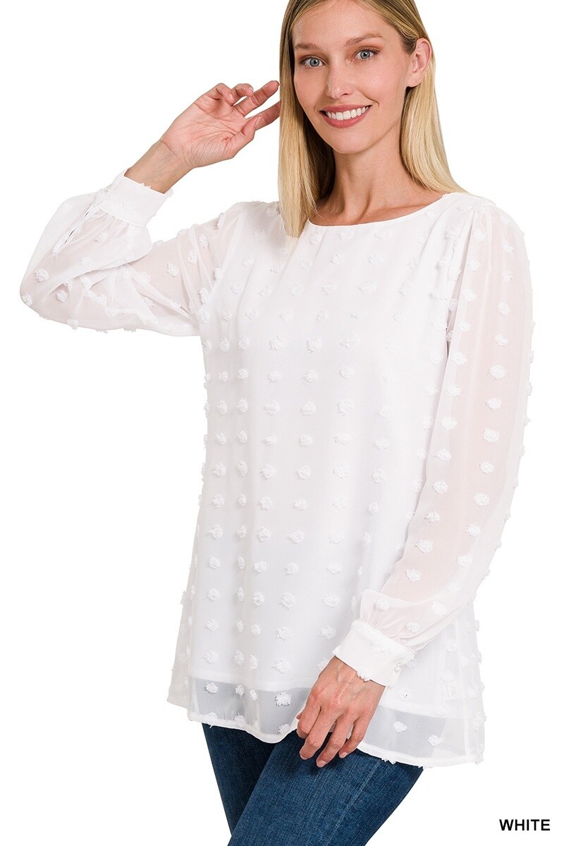 SWISS DOT ROUND NECK BLOUSE, Size: Small, Colour: White