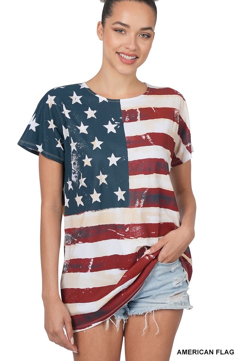 AMERICAN FLAG PRINT SHORT SLEEVE TOP, Size: Small