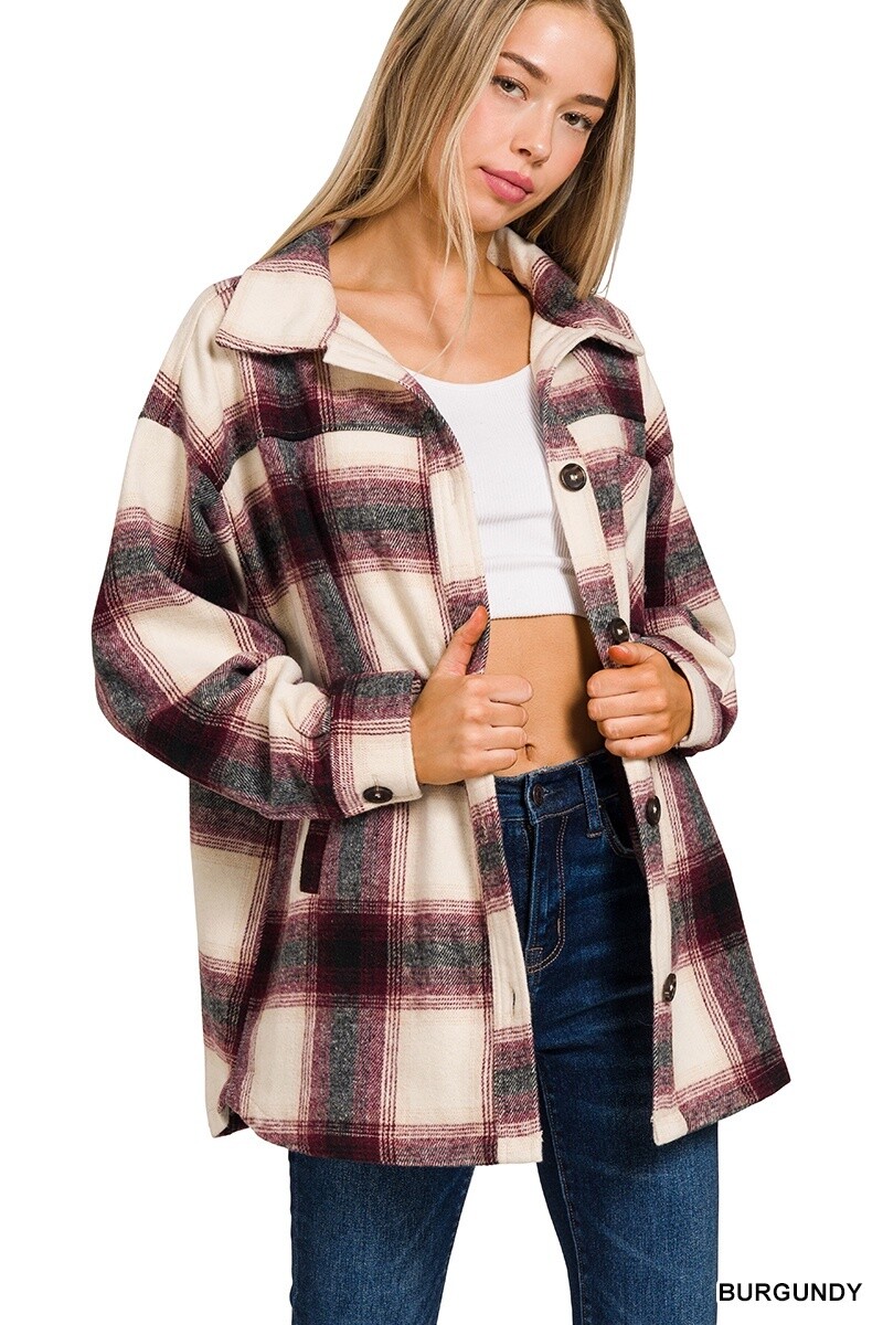 OVERSIZED YARN DYED PLAID LONGLINE SHACKET, Size: Small, Colour: Burgundy