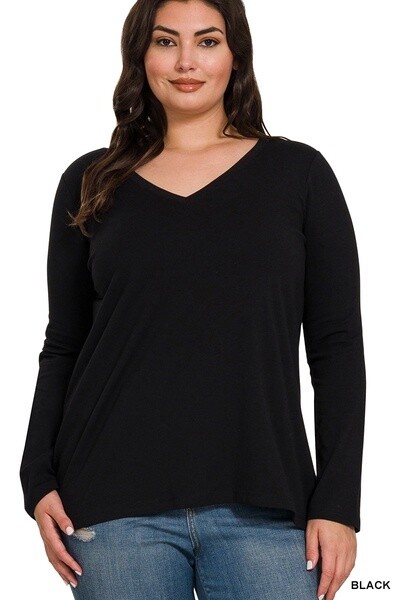 PLUS COTTON V-NECK LONG SLEEVE T-SHIRT