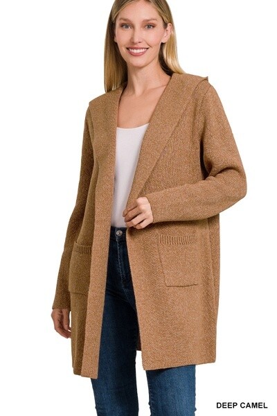 HOODED OPEN FRONT SWEATER CARDIGAN, Size: Small, Colour: Deep Camel