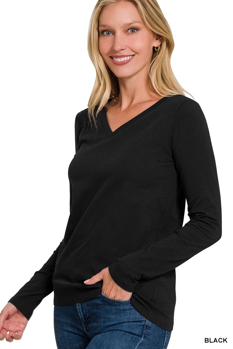 COTTON V-NECK LONG SLEEVE T-SHIRT, Size: Small, Colour: Black