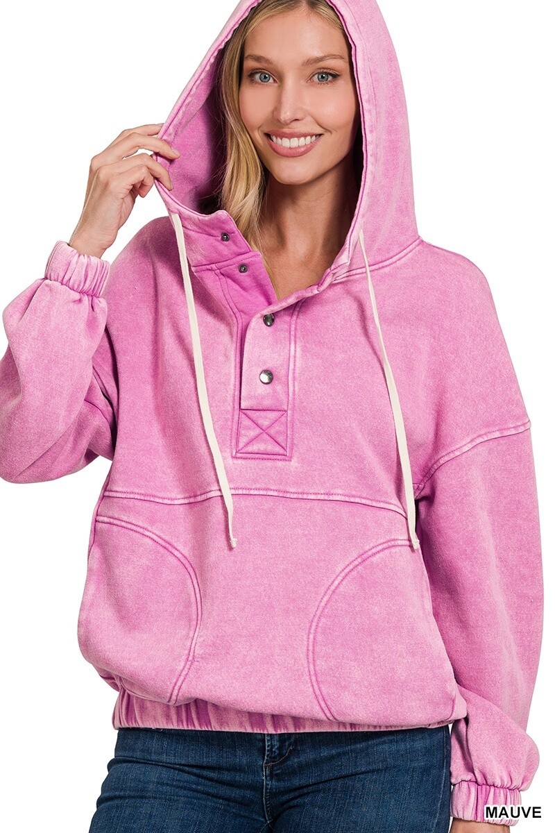ACID WASH FLEECE OVERSIZED POCKET HOODIE, Size: Small, Colour: Mauve