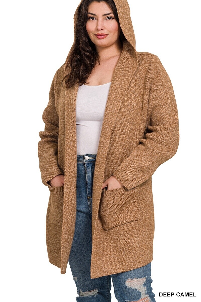 PLUS HOODED OPEN FRONT SWEATER CARDIGAN, Size: 1X, Colour: Deep Camel