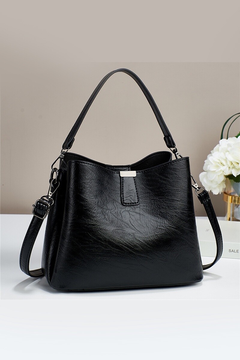 VEGAN LEATHER BUCKET SHOULDER BAG, Colour: Black