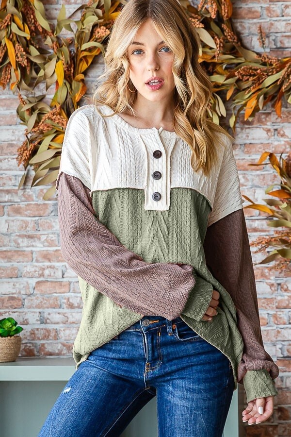 CABLE KNIT BUTTON FRONT TOP, Size: Small, Colour: Olive