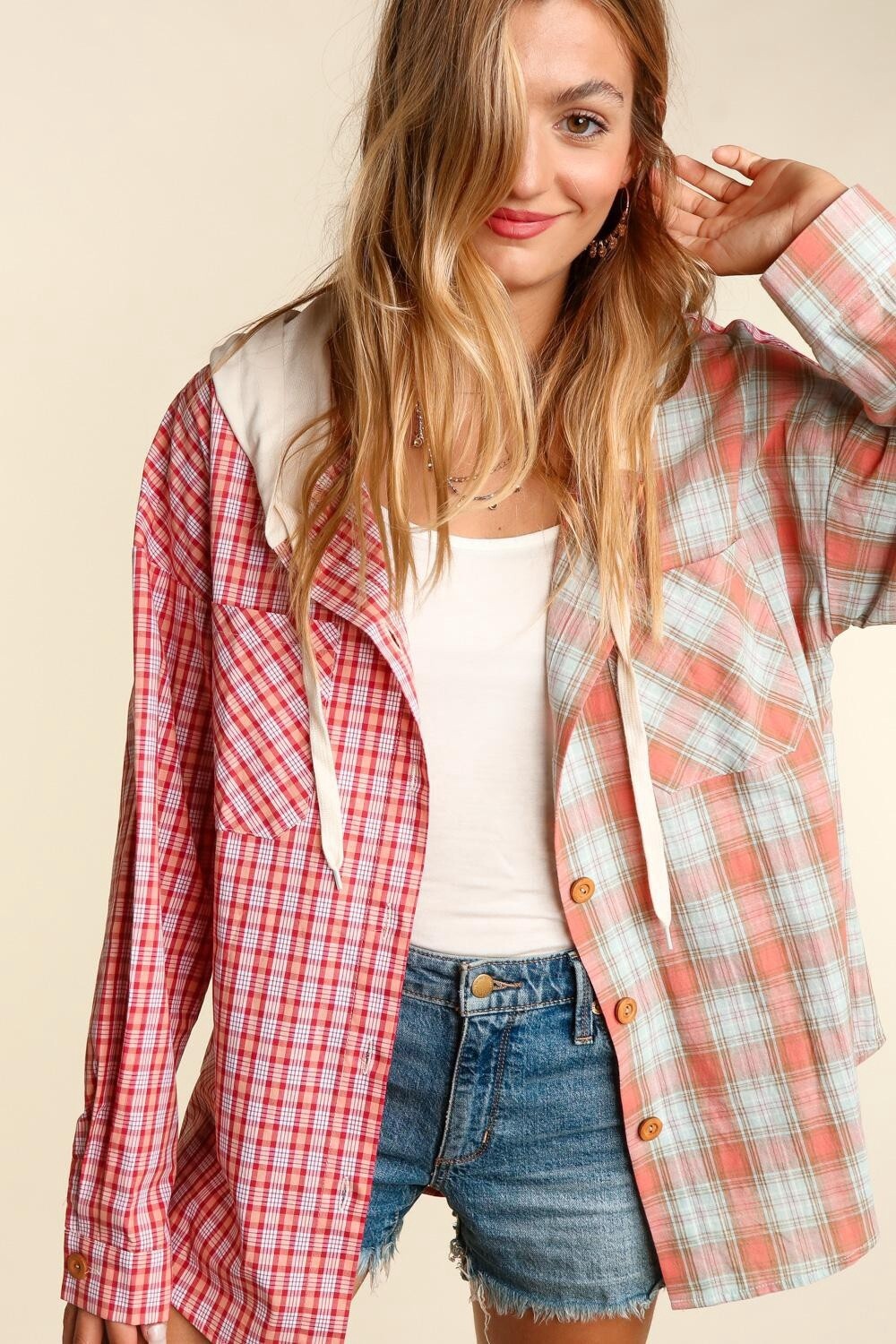 PLUS WOVEN PLAID JACKET WITH HOODIE AND POCKETS, Size: 1X, Colour: Coral/Mint/Oatmeal