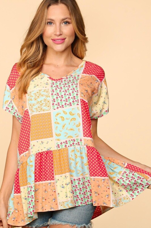 PLUS RAYON BOHEMIAN MULTI COLOR BABYDOLL WOVEN TOP