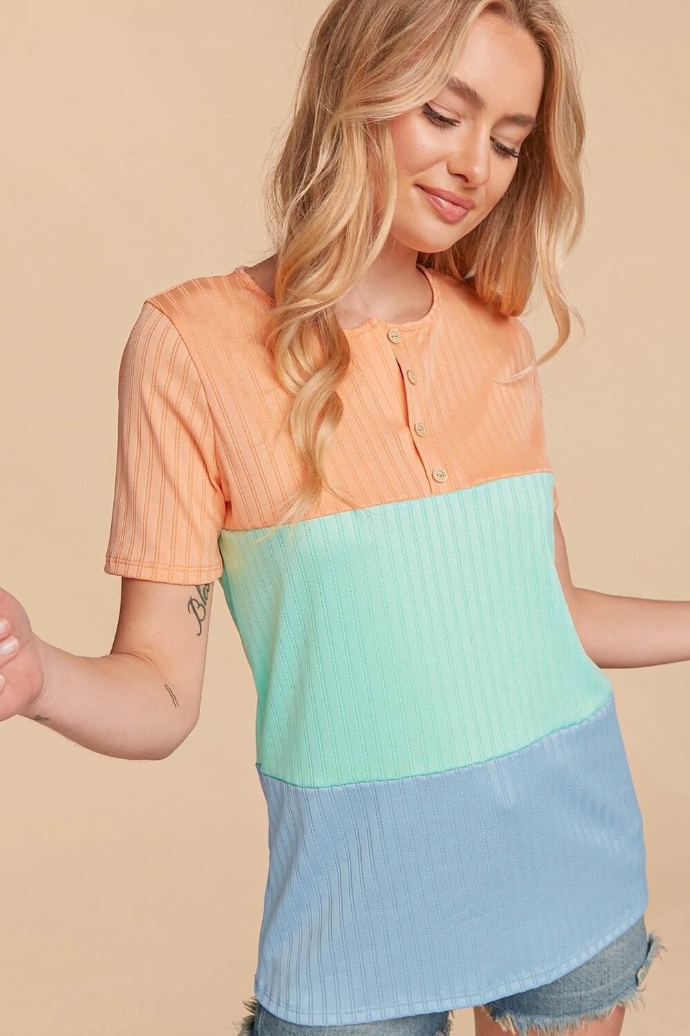PLUS BUTTON DOWN POINTELLE COLOR BLOCK KNIT TOP, Size: 1X, Colour: Peach/Mint/Blue