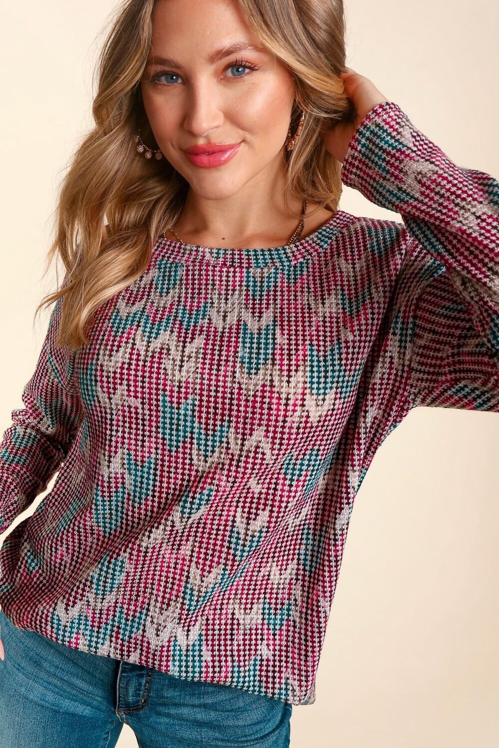 MULTICOLOR TWO TONE LONG SLEEVE SWEATER TOP, Size: Small, Colour: Magenta/Teal
