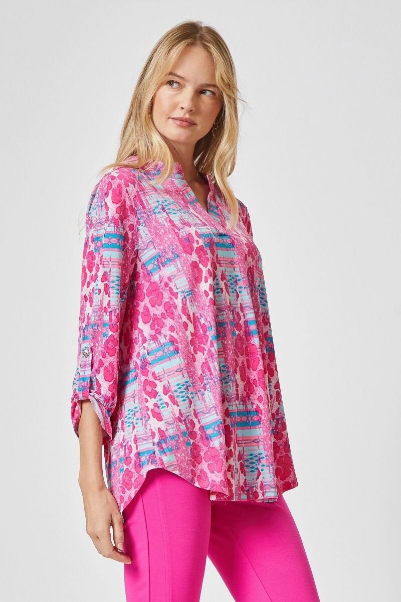 Plus 3/4 Sleeve Lizzy Medallion Wrinkle Free Blouse, Size: 1X, Colour: Teal/Pink