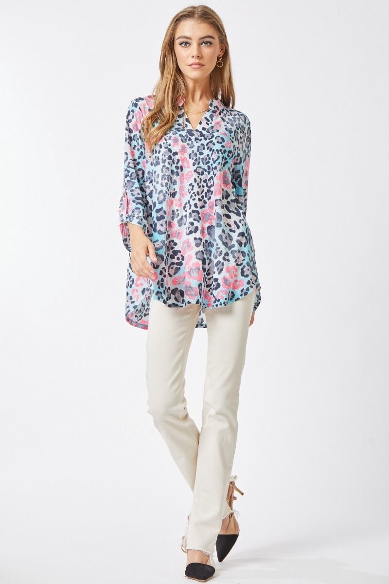 Plus 3/4 Sleeve Lizzy Wrinkle Free Blouse, Size: 1X, Colour: Blue/Pink