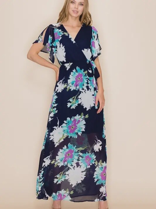 Floral Print Side-Tie Faux Maxi Dress, Size: Small