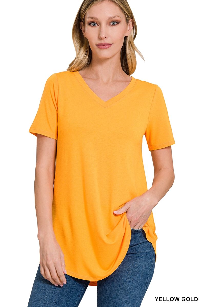 SHORT SLEEVE V-NECK ROUND HEM TOP, Size: Small, Colour: Yellow Gold