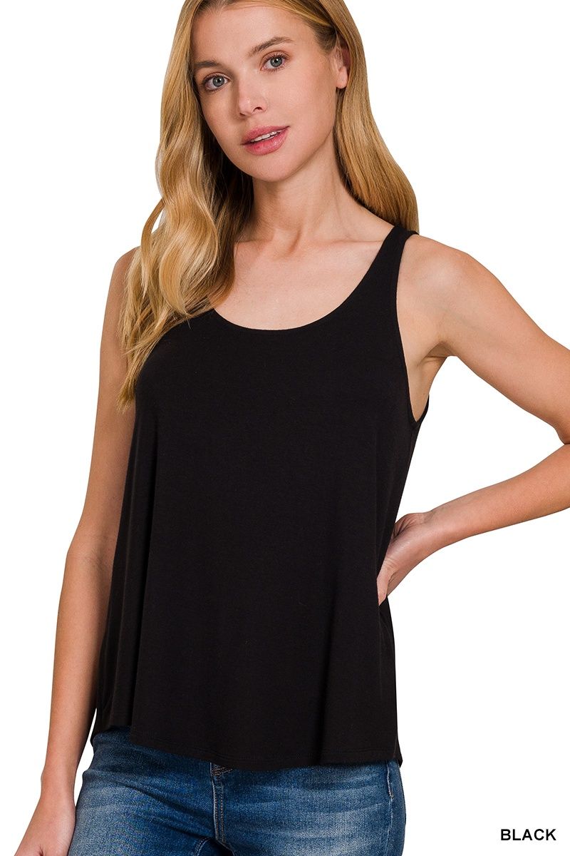 FLOWY HEM RAYON SLEEVELESS TANK TOP, Size: Small, Colour: Black