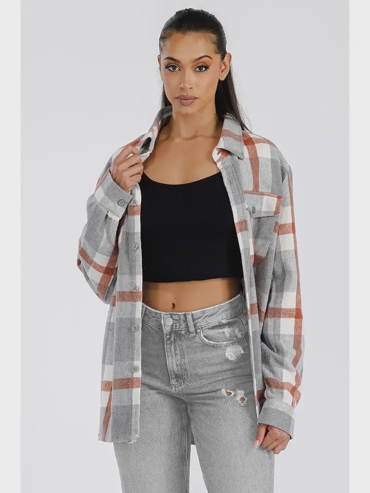 Soft Flannel Shacket, Size: Small, Colour: Grey/Rust