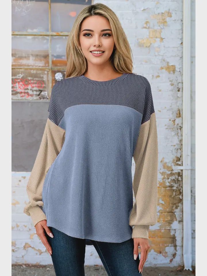 Rib Knit Colorblock Long Sleeve, Size: Small, Colour: Denim Blue