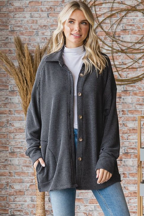 Rib Knit Shacket, Size: Small, Colour: Charcoal