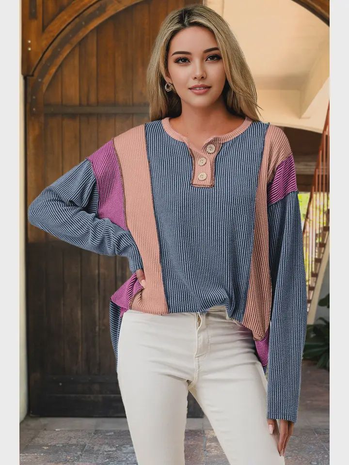 Rib Knit Colorblock Button Detail Long Sleeve, Size: Small, Colour: Demin Blue