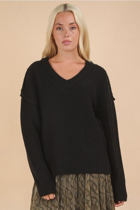 Plus Oversized Chunky V-Neck Casual Knit Sweater, Size: 1X, Colour: Black