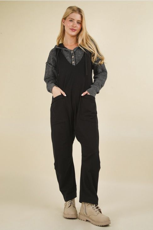 Casual Loose Fit Solid Knit Baggy Jumpsuit, Size: Small, Colour: Black