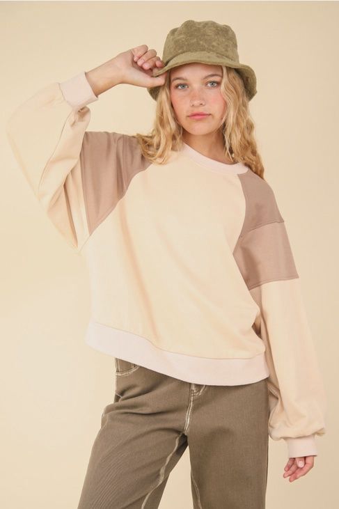 Color Block Raglan Sleeve Comfy Knit Sweat Shirt, Size: Small, Colour: Cream