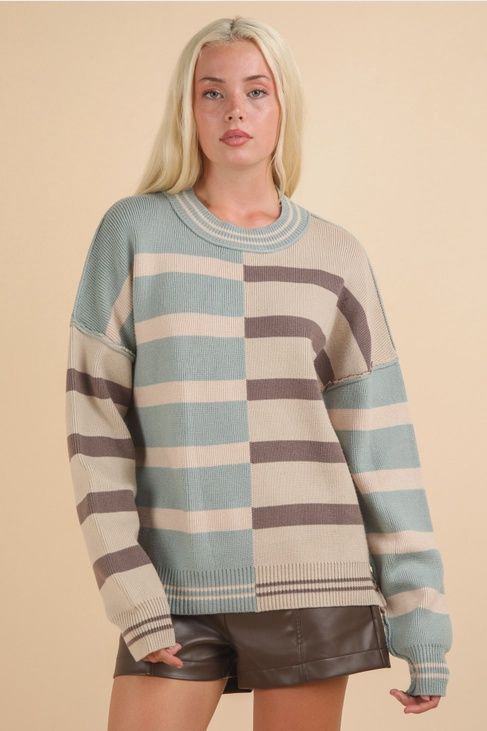 Plus Color Block Oversized Striped Knit Sweater Top, Size: 1X, Colour: Sage