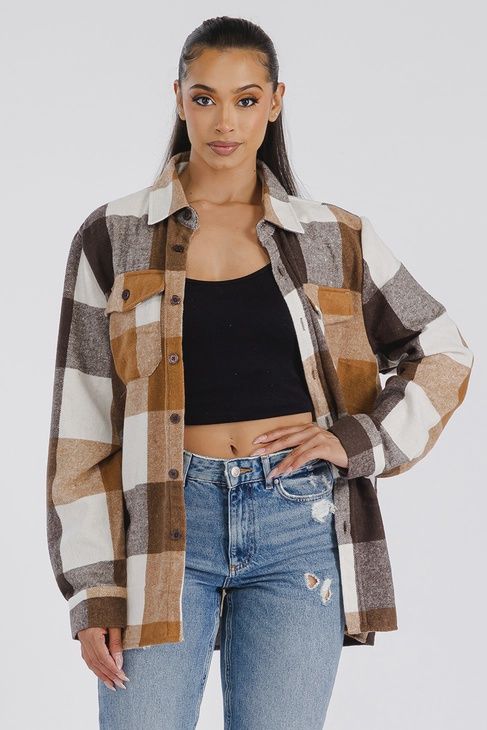 Boyfriend Flannel Shacket, Colour: Camel/White, Size: Small