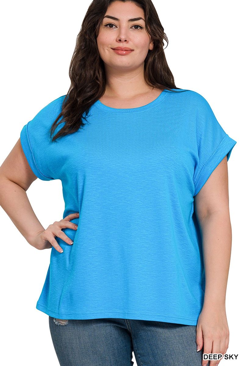 PLUS SLUB ROLLED SLEEVE TEE, Colour: Deep Sky, Size: 1X