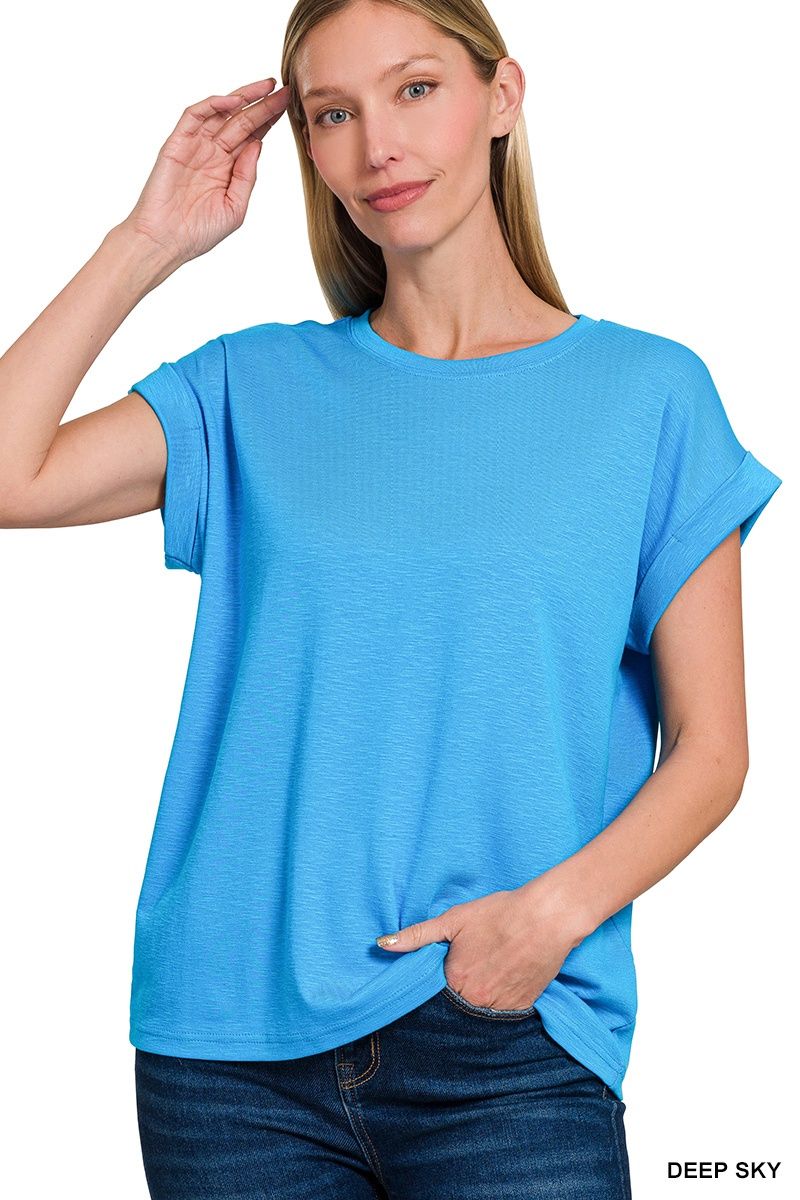 SLUB ROLLED SLEEVE TEE, Colour: Deep Sky, Size: Small