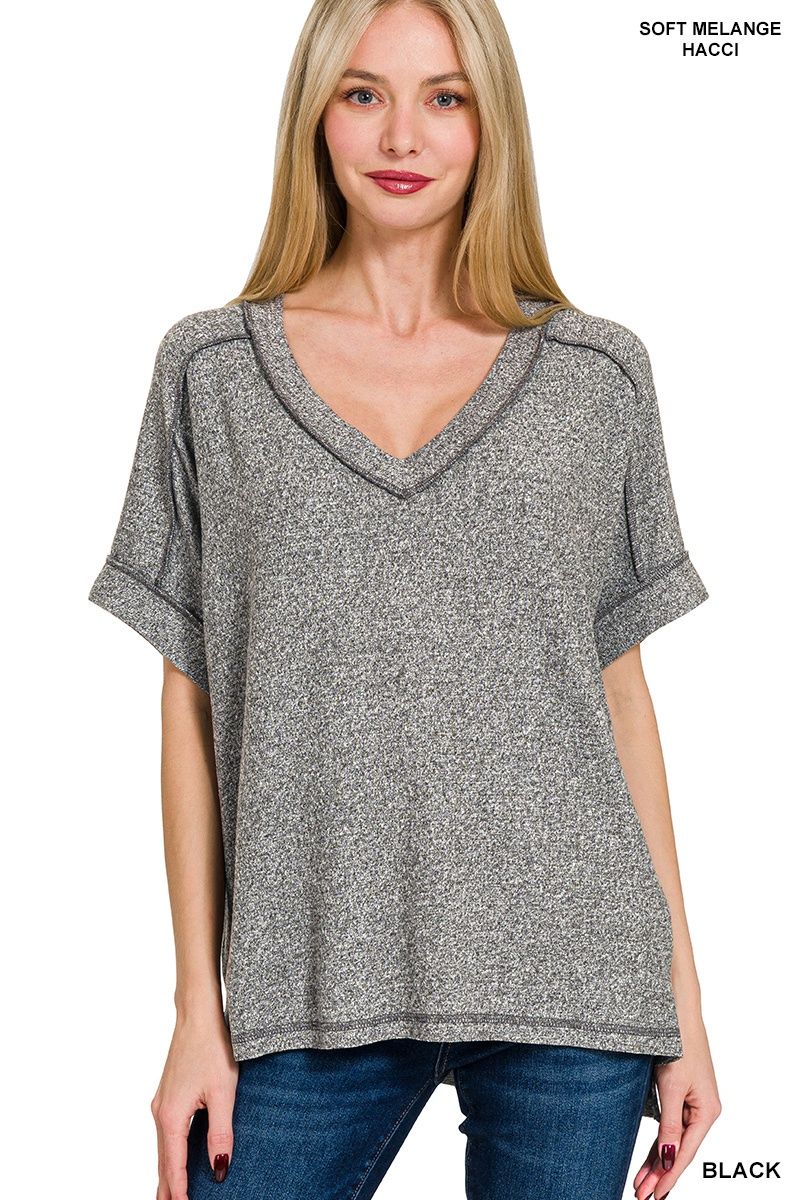 V-NECK SHORT SLEEVE HI-LOW TEE, Colour: Black, Size: S/M