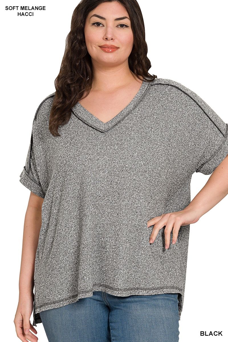 PLUS  V-NECK SHORT SLEEVE HI-LOW TEE, Colour: Black, Size: 1X/2X
