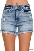 RAW FRAYED HEM RIPPED DENIM SHORTS, Colour: Medium, Size: Small