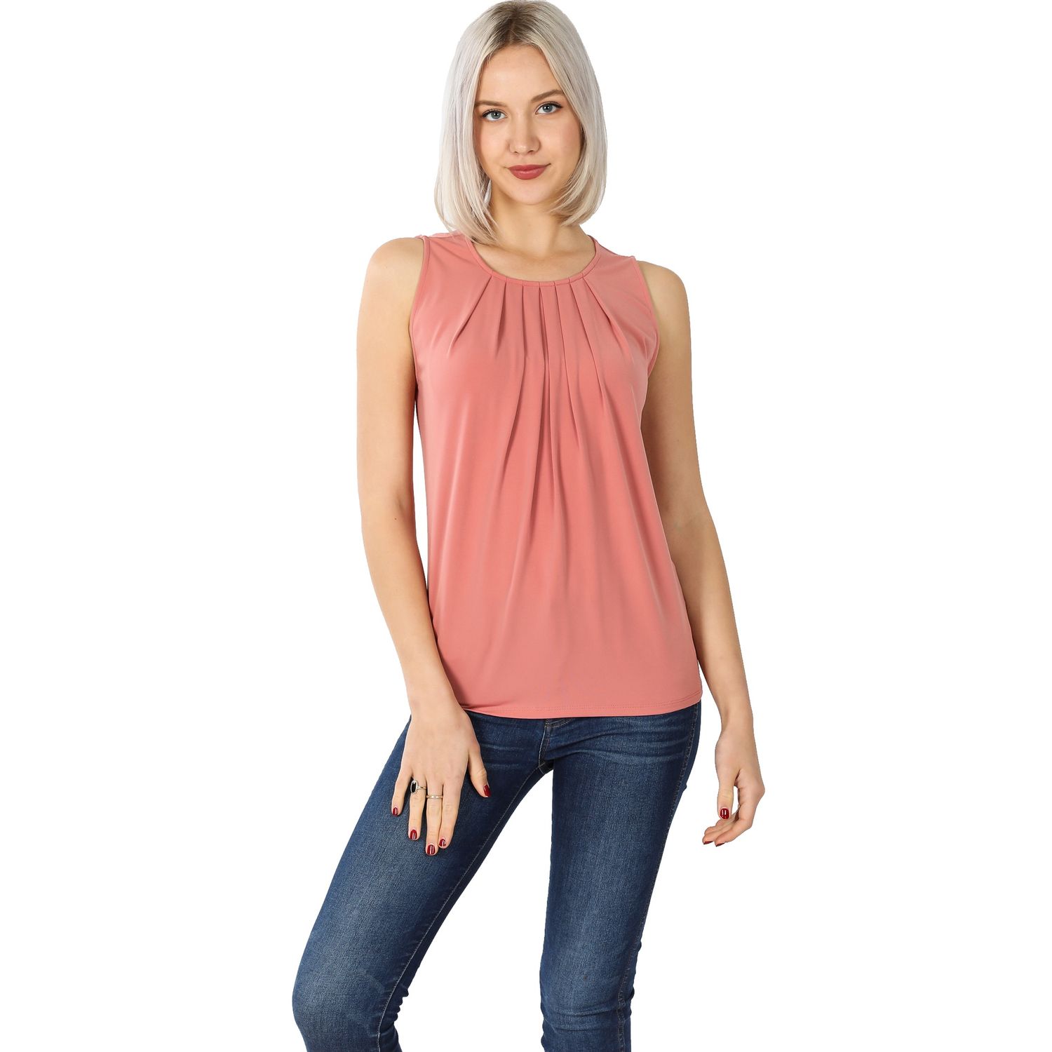 SLEEVELESS FRONT NECK PLEAT TOP, Colour: Ash Rose, Size: Small