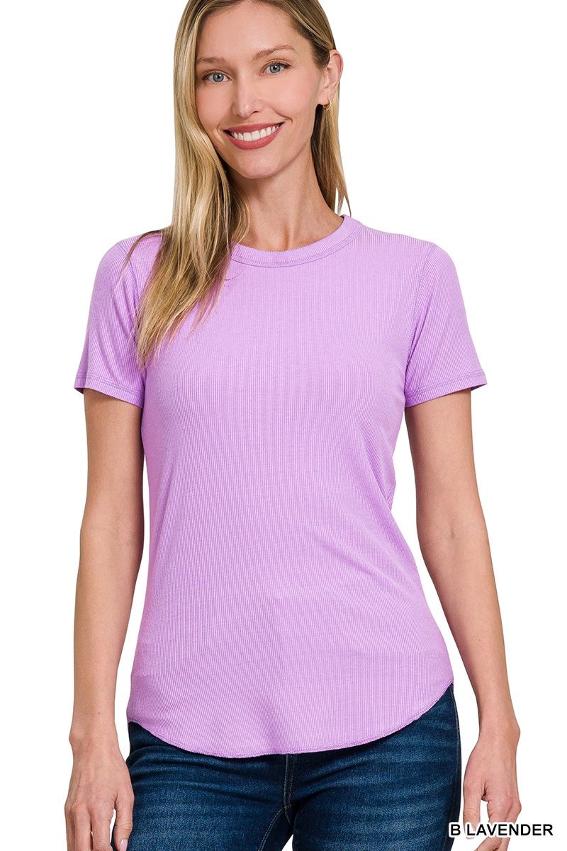 RIBBED CURVED HEM ROUND-NECK TEE, Colour: Lavender, Size: Small