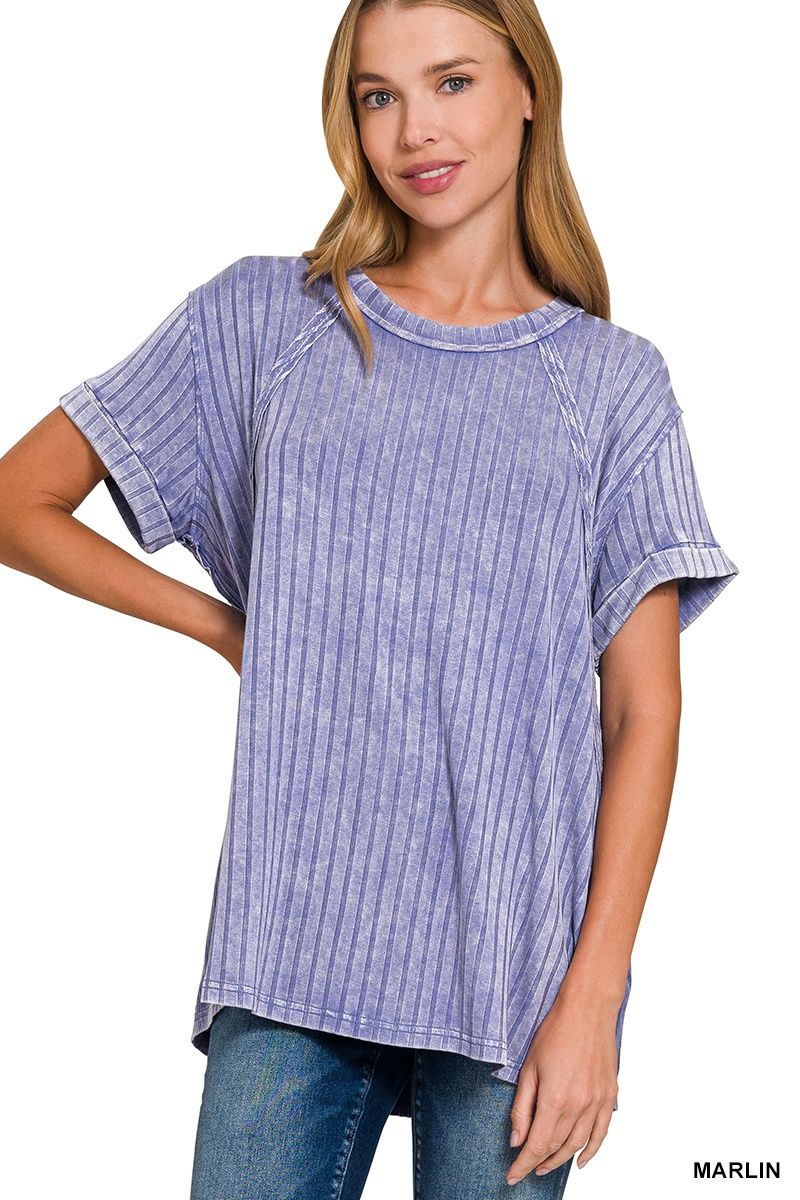 ACID WASHED SHORT SLEEVE BOAT-NECK TOP, Colour: Marlin, Size: S/M