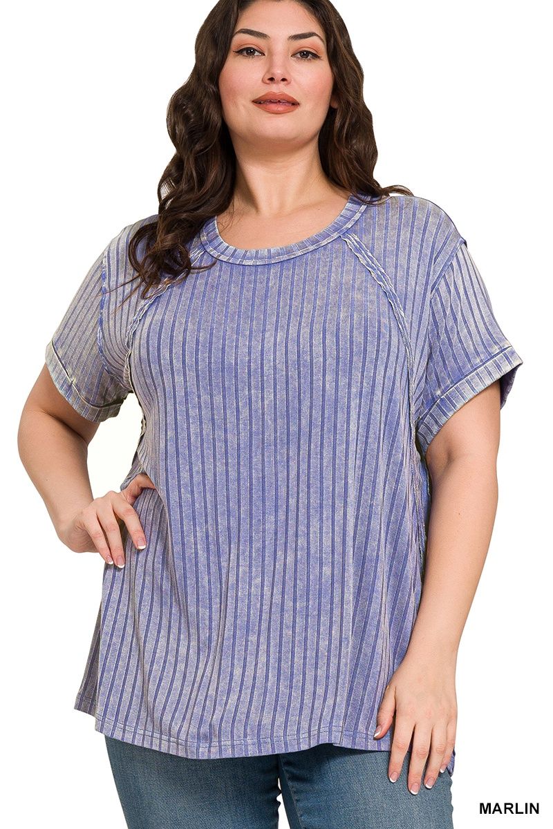 PLUS ACID WASHED SHORT SLEEVE BOAT-NECK TOP, Colour: Marlin, Size: 1X/2X
