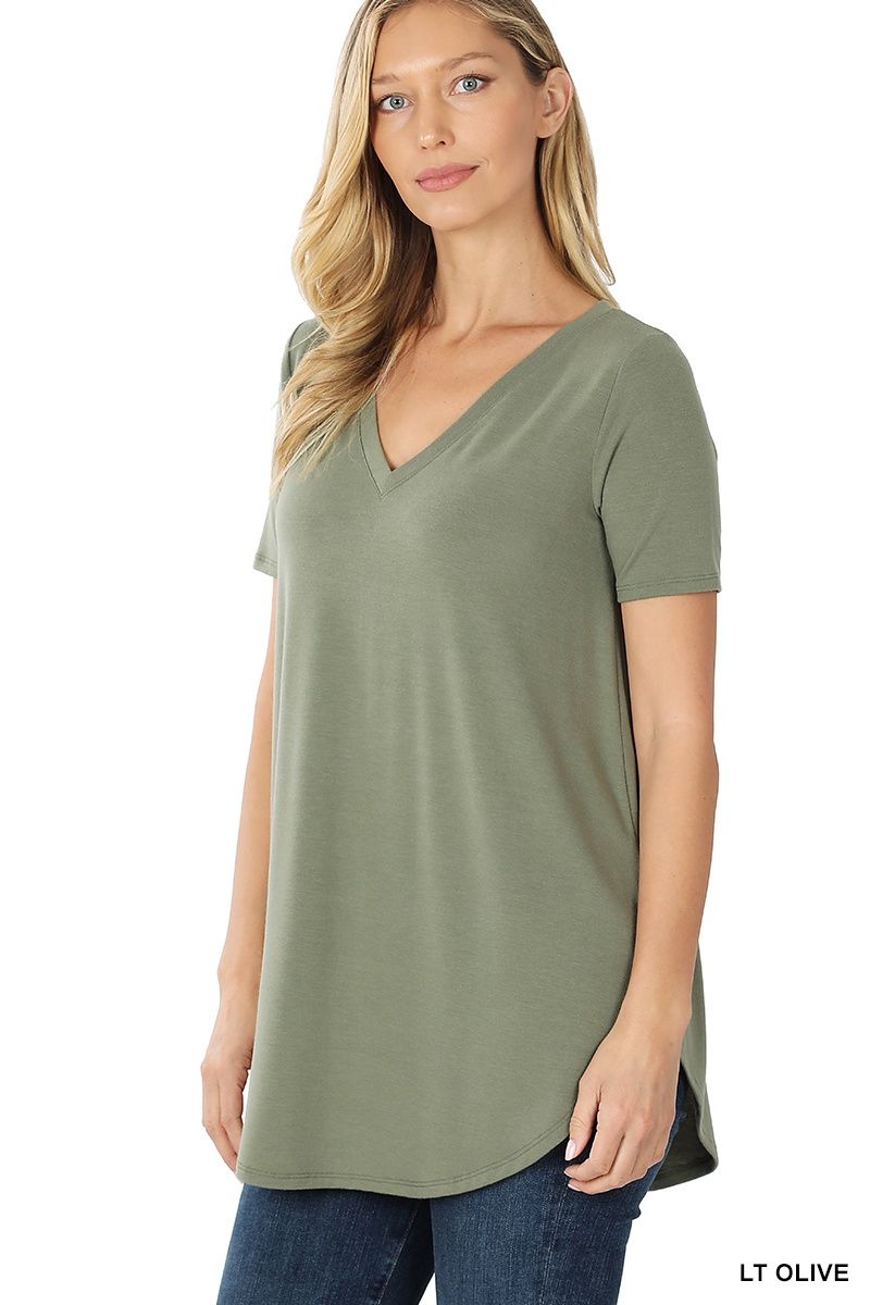 SHORT SLEEVE V-NECK TOP, Colour: Lt Olive, Size: Small