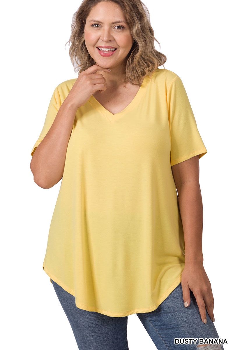 PLUS SHORT SLEEVE V-NECK TOP, Colour: Dusty Banana, Size: 1X
