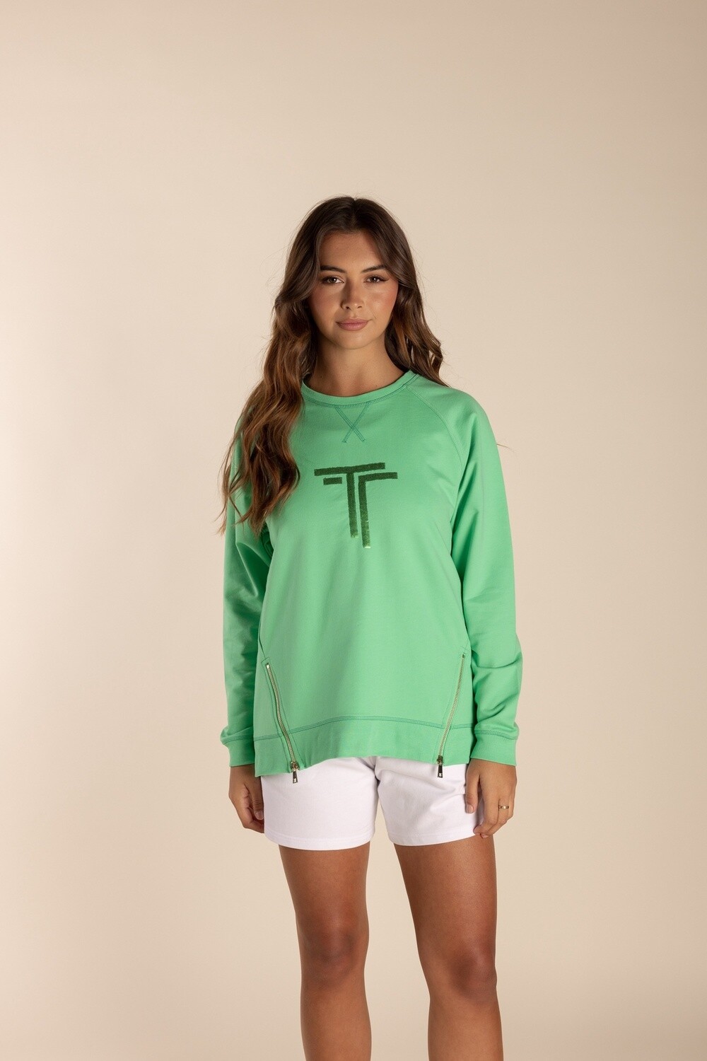 Two T s Sequin Logo Sweater w gold zips Sea Green