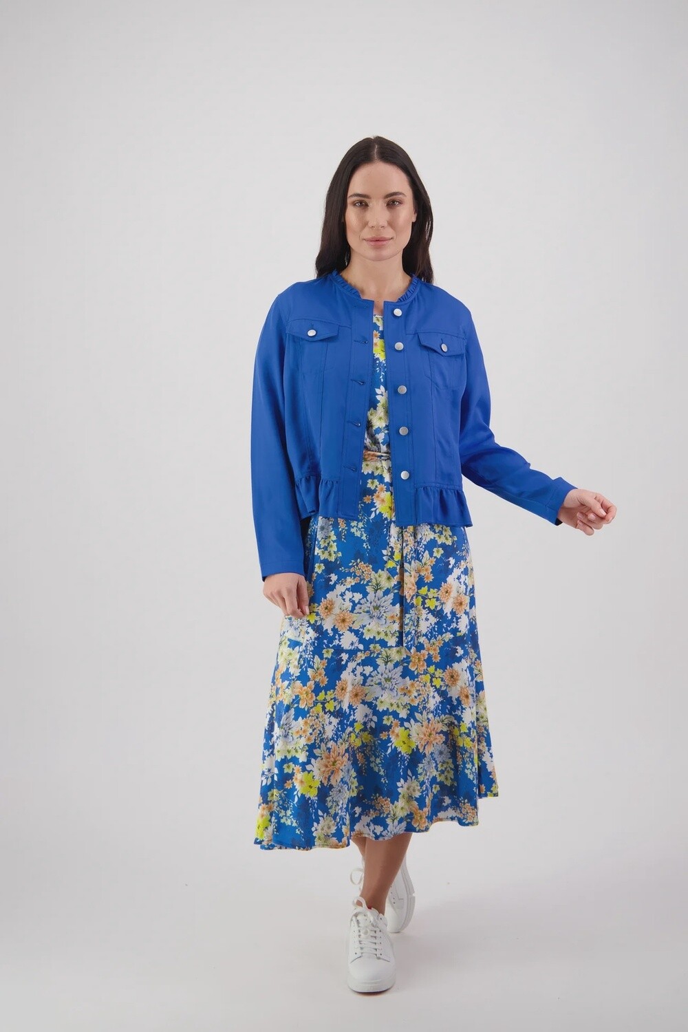 Vassalli Button Up Jacket with Frill Hem Cobalt