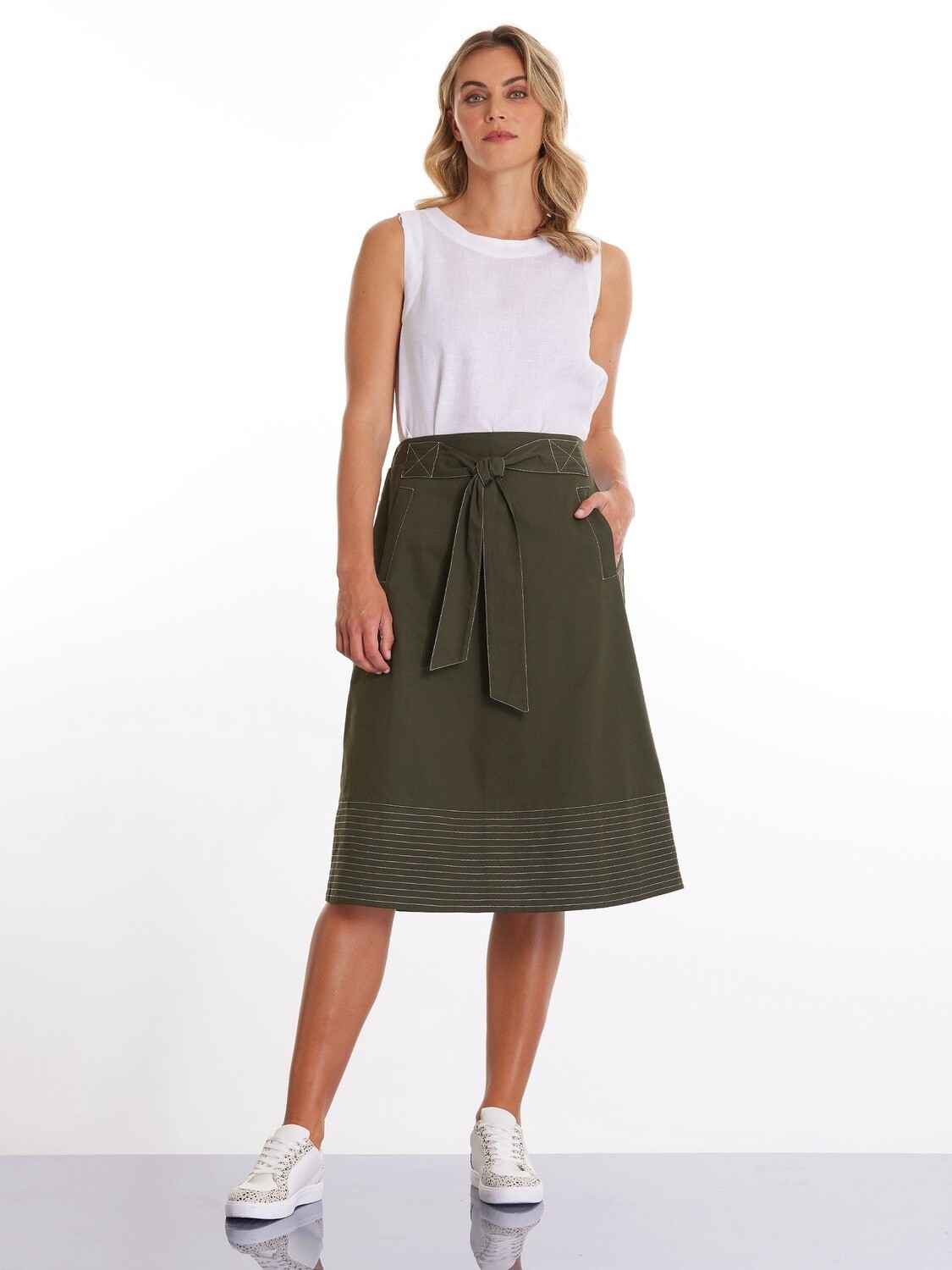 Marco Polo Topstitch Cotton Skirt Dark Khaki, Size: 10